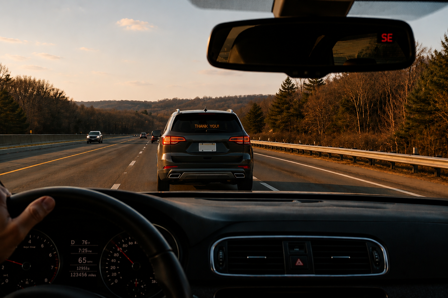 View from inside a car following a vehicle displaying a BettaSign thank-you message